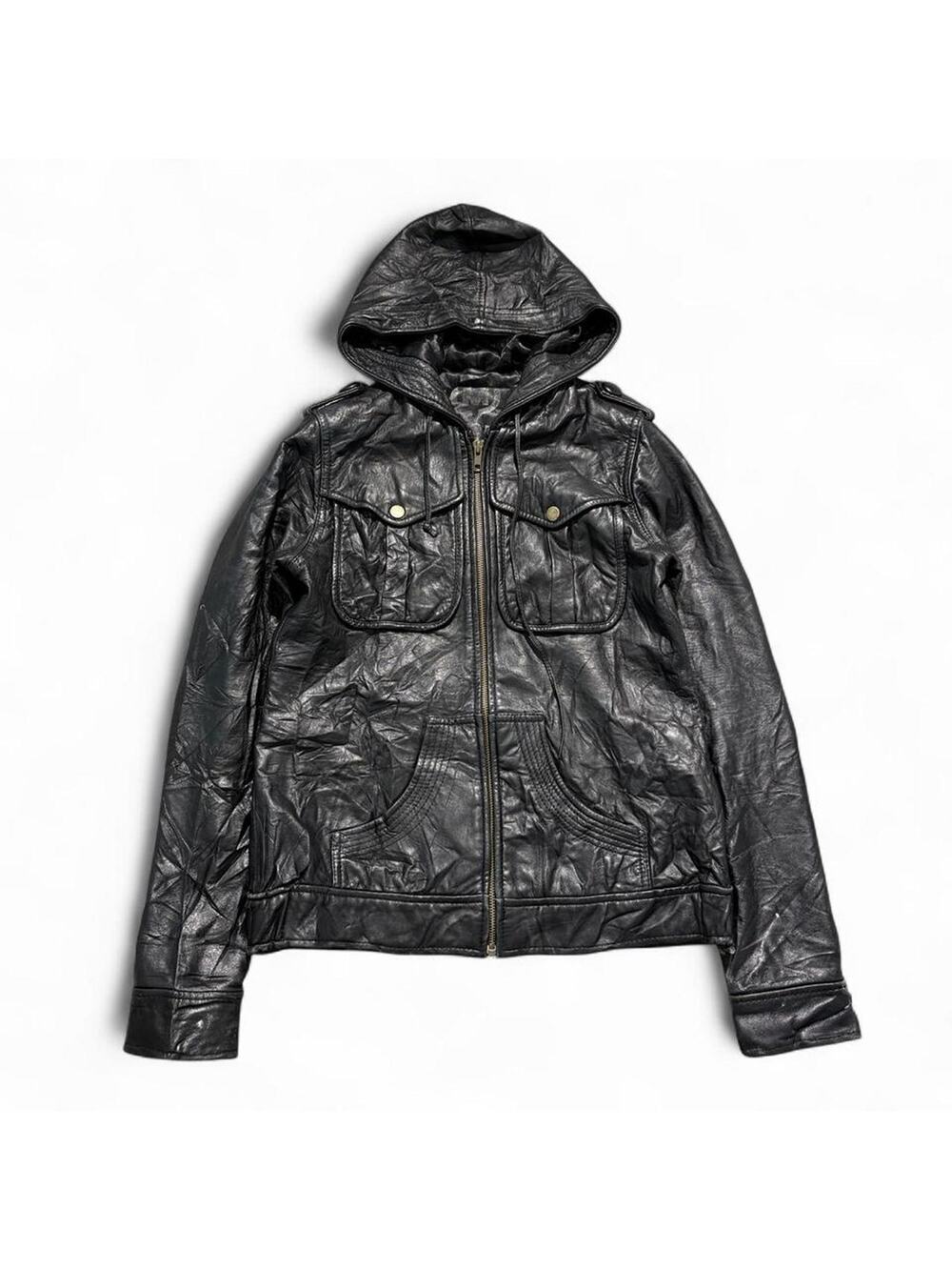 Black hooded leather jacket chest